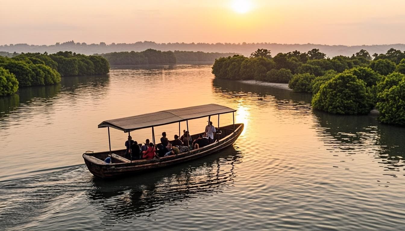 Traditional open-air safari boat gliding across the Madu Ganga among mangrove islands at golden hour, Koggala, Sri Lanka